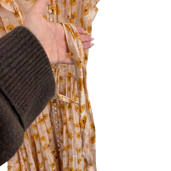 Doen Carnation Floral Ruffle Belted Tie Waist Maxi Dress Costal Boho Yellow Sz S - Picture 8 of 9